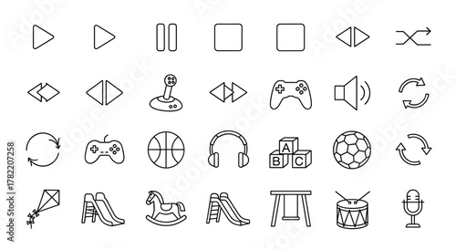 Collection of Play Sign Related Line Icons, Outline Signs for Graphic and Web Design, Apps, Adverts, Various Cards, Vector Cartoon Illustration with a White Background. Includes Play, Pause, Stop