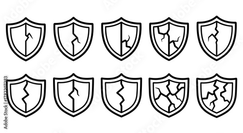 Collection of cracked shield outline icons, representing vulnerability, damage, or broken security. These versatile vector graphics are perfect for interface elements, social media posts