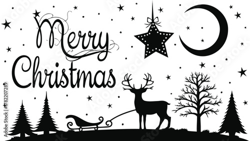 Merry christmas silhouette scene with reindeer sleigh christmas trees stars and crescent moon