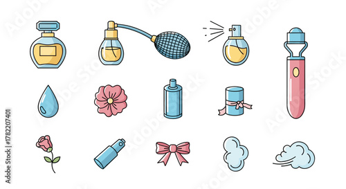 Collection of cartoon-style perfume bottles, atomizers, a rose, a flower, a drop of liquid, a bow, and clouds, isolated on a white background, perfect for web, books, cards, and apps, representing