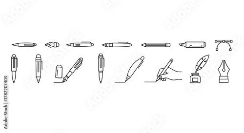 A clean and modern line art vector illustration set featuring various writing instruments, including pens, pencils, markers, and a quill with an inkwell, presented on a crisp white background for