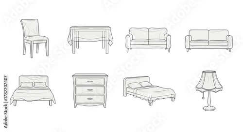 Collection of stylized line art icons representing various furniture pieces, including a chair, dining table with tablecloth, two sofas, a bed, a dresser, and a table lamp, all presented on a clean