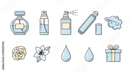 Collection of linear vector icons representing perfume bottles, spray cans, fragrance mist, rose and flower elements, water drops, and a gift box, perfect for graphic design, advertising, and