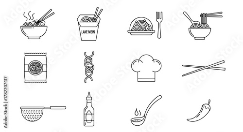 A minimalist line icon set featuring various noodle dishes and related culinary elements, including steaming bowls of ramen, take-out containers, pasta plates with forks, packaged noodles