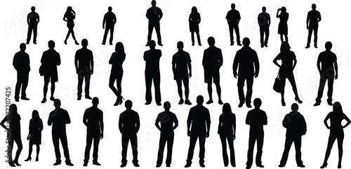 Silhouette people standing, diverse human figures, black outline crowd, mixed gender group, posture variation, minimal vector design, gesture concept, social identity