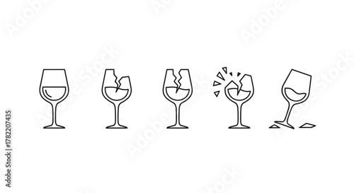 A collection of minimalistic linear icons depicting broken wine glasses, showcasing various stages of damage from minor cracks to complete shattering, presented on a clean white background, ideal for
