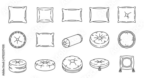 Collection of outline vector illustrations of various pillows and cushions, including square, rectangular, round, and bolster shapes, with editable stroke, perfect for infographics, articles, books