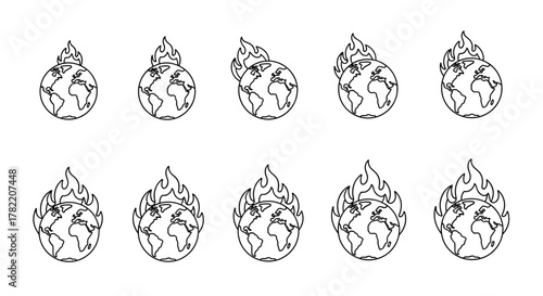 Set of ten modern outline style icons depicting the planet Earth on fire, symbolizing global warming, climate change, and environmental crisis. These versatile vector cartoon illustrations are