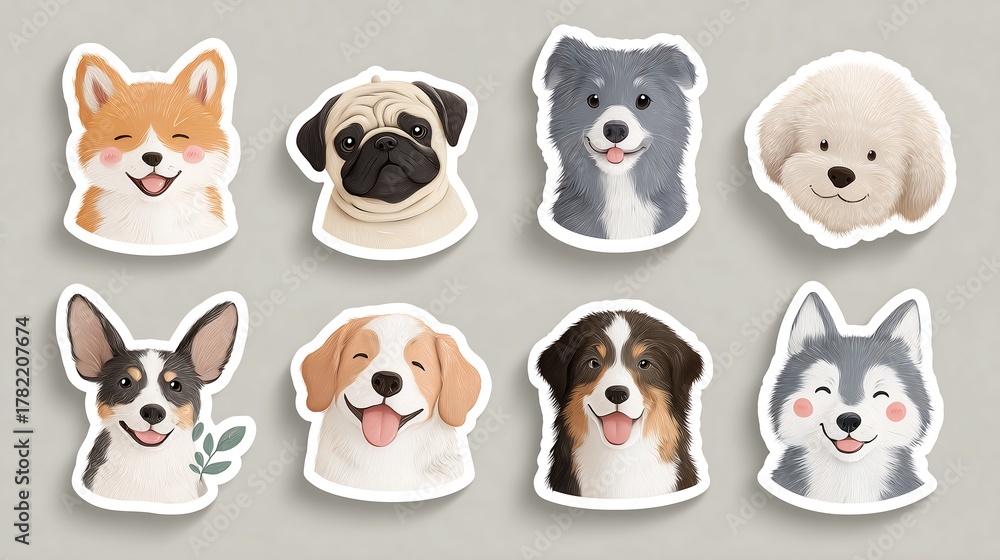 Fototapeta premium Cartoon dog breed sticker collection with adorable faces isolated on grey. Clean vector-style illustration, highly detailed, kawaii aesthetic, sticker-ready format