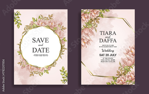 wedding invitation template with hand drawn pink flower watercolor design