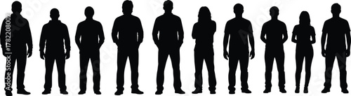 Silhouette people standing, diverse human shapes, black outline crowd, mixed gender group, minimal vector design, posture variation, social identity concept