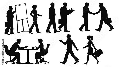 Business Silhouettes: Silhouette collection depicting various activities of business people, presenting business concepts in a minimal style.
