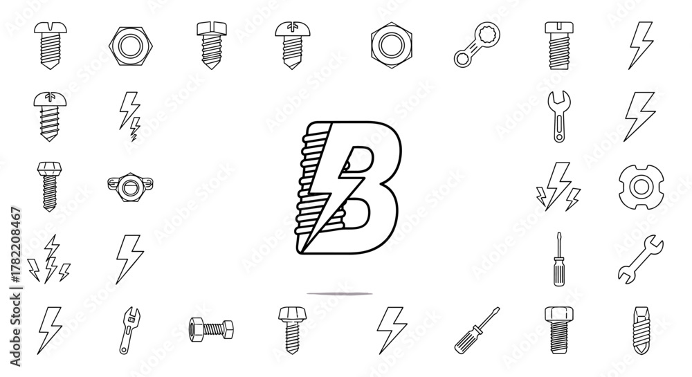 Naklejka premium Bolt Logo Design Featuring the Letter B with Lightning Bolt Accents, Set of Industrial Icons Including Bolts, Nuts, Wrenches, and Screwdrivers on a Clean White Background, Vector Cartoon Illustration
