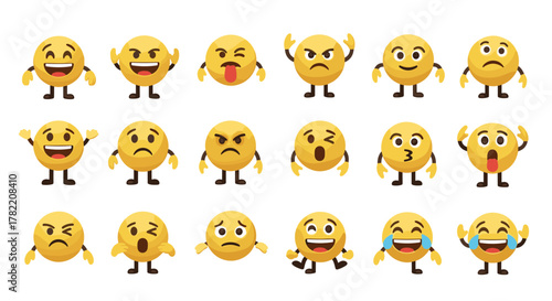 Collection of 3D yellow emoji characters with diverse facial expressions, depicted in a clean, vector cartoon illustration style against a white background, arranged in neat rows for easy use in