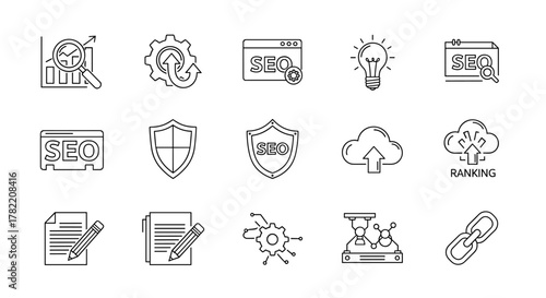 Set of outline SEO icons, representing search engine optimization concepts like analytics, gears, website optimization, ideas, security, cloud ranking, content creation, technology, and link