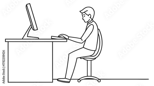 Focused Workstation: A lone figure, lost in concentration, intently engages with technology at their desk, illustrating the dynamic relationship between person and machine in a stark, clean depiction.