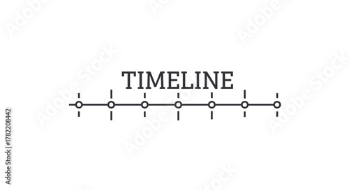 Clean and minimalist vector graphic representing a timeline with circular markers and vertical tick marks, accompanied by the bold text "TIMELINE" above, ideal for business presentations, project