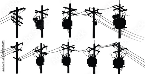 Utility pole silhouette vector set, electrical transformer illustration, power line infrastructure design, energy distribution system, industrial electricity network flat vector