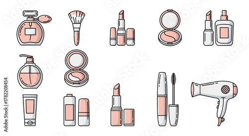 A collection of flat design line icons representing beauty and cosmetic products, including perfume bottles, makeup brushes, lipsticks, compact powders, mascara, lotion tubes, and a hairdryer