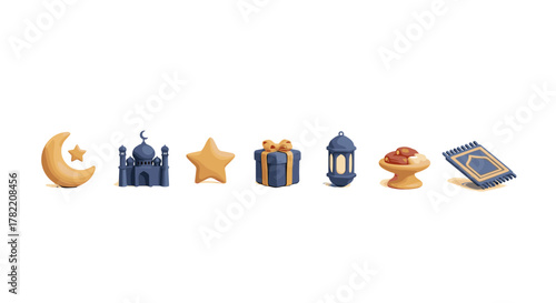 Vibrant 3D rendering of Islamic celebration elements for Eid Mubarak, featuring a crescent moon with a star, a mosque, a star, a gift box, a lantern, dates on a platter, and a prayer mat, set against