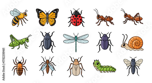 Collection of colorful cartoon insects and bugs, including a bee, butterfly, ladybug, ants, grasshopper, beetle, dragonfly, snail, spider, fly, caterpillar, and wasp, presented as a vector