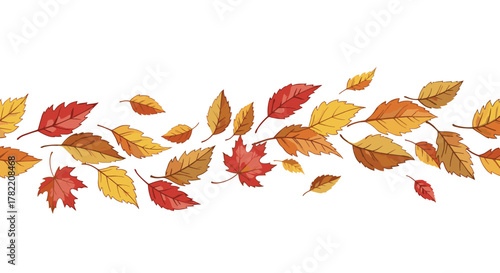 Watercolor autumn leaves border, a dynamic wave of falling leaves in vibrant red, orange, and yellow hues, gracefully carried by the wind, creating a seamless and artistic seasonal decoration.