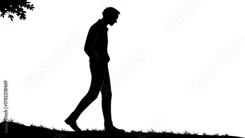 Silhouette of Solitude: A solitary figure, cloaked in shadow, ambles thoughtfully along a grassy knoll under a stark sky, depicting reflection and introspection.