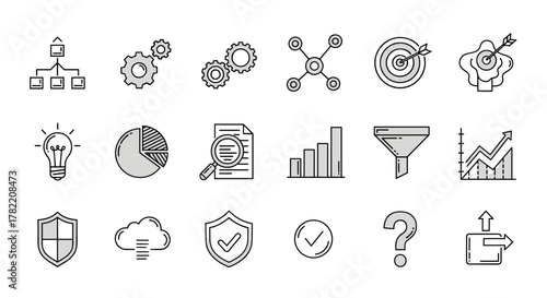 Algorithm scheme and infographics outline sign collection, editable stroke, perfect for infographics, articles, books, flyers, banners, vector cartoon. A set of icons representing business
