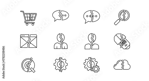 Collection of minimalistic linear pictograms representing broken or damaged items and concepts, including a shopping cart, chat bubbles, magnifying glass, email, human silhouette, phone, gear, and