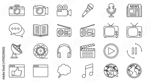 A comprehensive collection of mass media and communication-related outline icons, featuring a pixel-perfect 48x48 design with editable strokes. This ordered line icon set on a white background
