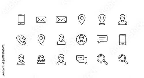 Set of clean line icons representing contact and communication elements, isolated on a white background. Includes icons for smartphone, email, phone call, location pin, user profiles, chat bubbles