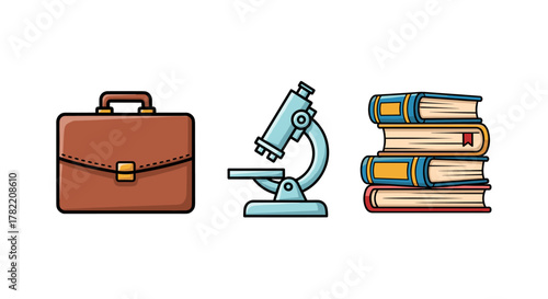 A vibrant and modern vector cartoon illustration featuring a classic brown briefcase, a sleek blue microscope, and a stack of colorful books, perfect for representing business, education, science