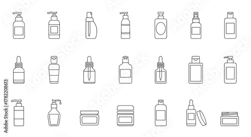 Collection of cosmetic bottles and containers in thin line art style, featuring various designs like pump dispensers, spray bottles, dropper bottles, and jars, perfect for beauty, skincare, and