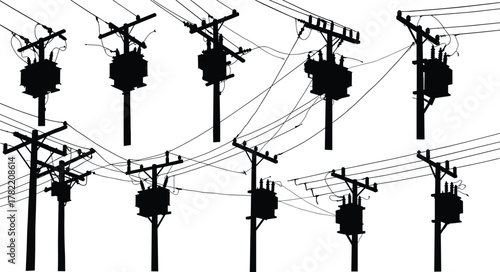 Utility pole silhouettes with electrical transformers, power lines, insulators, distribution systems, industrial infrastructure, energy grid illustration, black design, flat vector