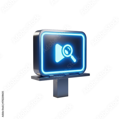 Digital Billboard Displaying a Play Button and Magnifying Glass Icon with Neon Blue Light image (490 isolated on a transparent background