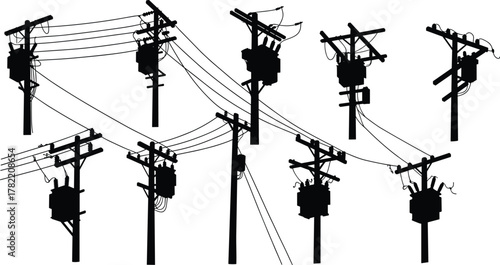 Utility pole silhouettes with transformers, electrical power lines, distribution grid infrastructure, industrial energy design , technical engineering system, rural electrification, flat vector