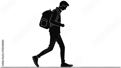 Silhouette of the Journey: A monochromatic silhouette of an individual, carrying a backpack, strides purposefully forward, embodying the spirit of travel and the anticipation of new adventures.