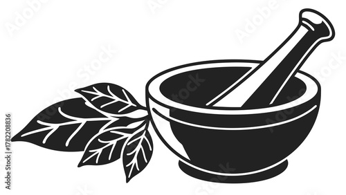 Herbal Healing: A detailed illustration of a mortar and pestle accompanied by fresh leaves, suggesting natural remedies and traditional healing practices.