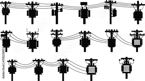 Utility pole silhouettes with transformers, insulators, crossarms, electrical wires, voltage distribution systems, energy infrastructure illustration, urban power grid design, flat vector