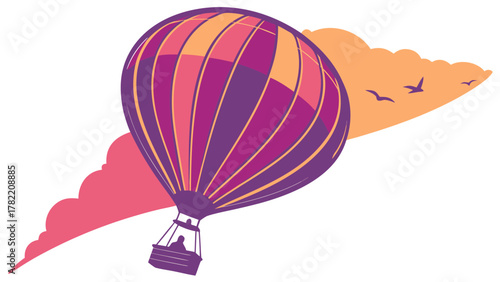 Soaring High: The artwork showcases a vibrantly colored hot air balloon, floating against a backdrop of stylized clouds and a flock of birds, painted in bold hues to convey the freedom of flight.