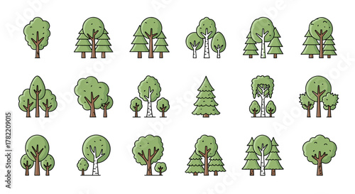 Collection of stylized cartoon trees, including deciduous and coniferous varieties, presented with editable strokes on a clean white background, perfect for graphic design, web sites, cards, books