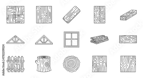 Set of line icons representing wood materials and construction elements, including wood grain patterns, planks, lumber, a fence, a tree stump, a window, and roof trusses, presented on a clean white