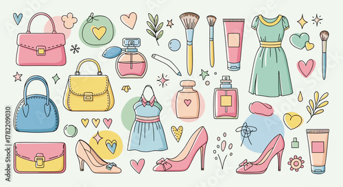 Charming hand-drawn vector illustrations depicting a collection of women's fashion and beauty essentials, including handbags, high heels, dresses, perfume bottles, makeup brushes, and cosmetic tubes
