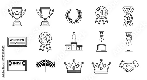 Collection of thin line icons representing victory and achievement, including trophies, laurel wreaths, medals, winner's certificates, podiums, finish lines, checkered flags, crowns, and handshakes