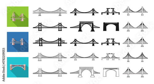 Diverse collection of bridge icons presented in flat, silhouette, and line art styles, showcasing various infrastructure symbols. This set includes a range of bridge designs, from suspension and