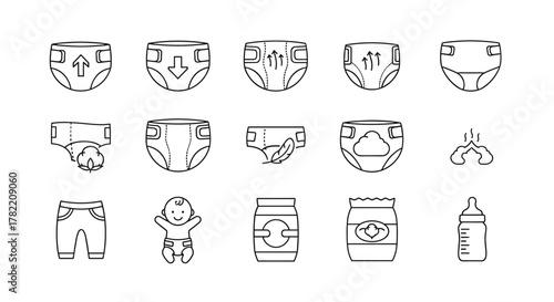 Vector pictogram collection of baby care essentials, featuring line icons for diapers with various features like absorbency, breathability, cotton material, and softness, alongside baby pants, a baby