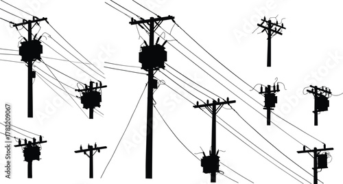 Utility pole silhouettes with transformers, insulators, electrical wires, distribution systems, voltage infrastructure illustration, tangled power lines, energy grid design, flat vector