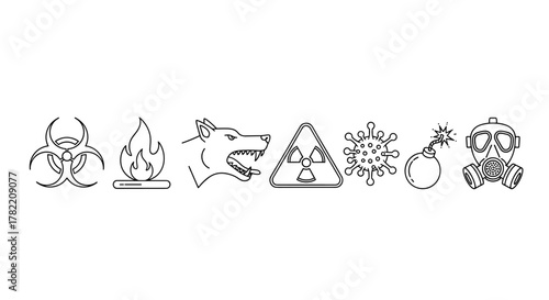 Set of danger icons in a line art style, featuring biohazard symbol, fire, angry dog, radiation sign, virus, bomb, and gas mask, representing threats and alerts, editable stroke, isolated on white