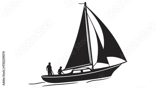 Sailing Silhouette: A sleek sailboat glides gracefully across the water. Two figures are navigating the vessel with determination.