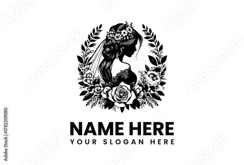 Elegant woman's silhouette with enchanting floral wreath, ideal for sophisticated beauty, wedding, or fashion brand identity